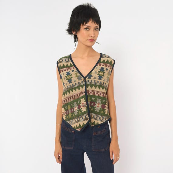 90s Southwestern Vest Olive Green Burgundy Woven Geometric Button Front V Neck Sleeveless Cotton Tapestry Top Cropped Hippie Western Medium