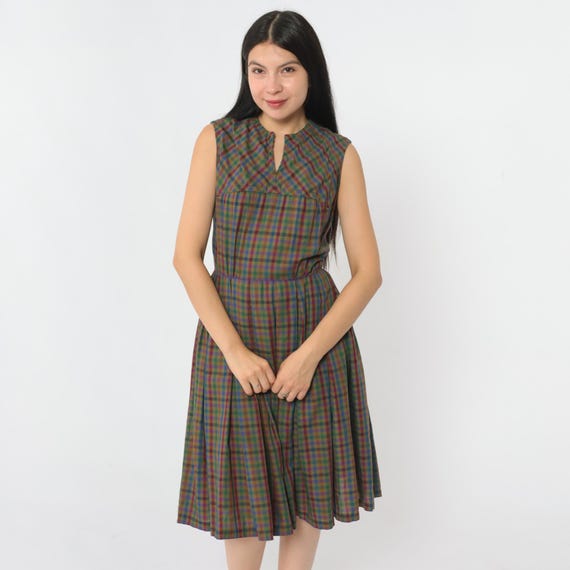 Vintage 1960s Gingham Dress 60s Olive Sue Brett Sleeveless Fit and Flare Rockabilly High Waist Pin Up Pleated A-Line Midi Extra Small xs