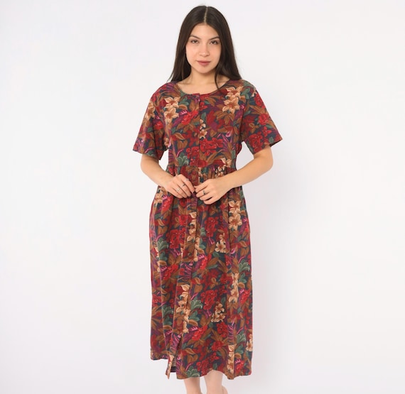 90s Dark Floral Midi Dress Rust Red Cotton Button Front Short Sleeve Tie Back Cobalt Grunge Cottagecore Prairie Fall Autumn Medium M