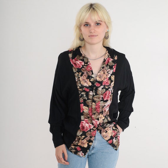 Rose Print Blouse 90s Black Floral Top Button up Shirt Long Sleeve Bohemian Flower Print Retro Gothic Hippie Party Vintage 1990s Medium M