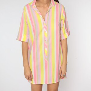 60s Shirt Dress Striped Day Dress Pink Shift Mini Dress Button Up Pastel Yellow Vintage Short Sleeve Shirtdress Button Up 1960s Medium image 8