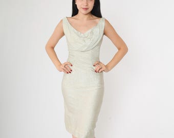 60s Silver Party Dress Vintage Metallic Formal Space Age Midi Evening Cocktail Sheath 1960s Mod Sixties Sparkly Night Out Extra Small xs