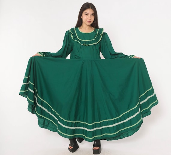 70s Green Prairie Dress Ruffle Bib Lace Trim Maxi Gown Forest Emerald Long Sleeve Puff Cuff Full Skirt Mexican Folkorico Vintage Large L