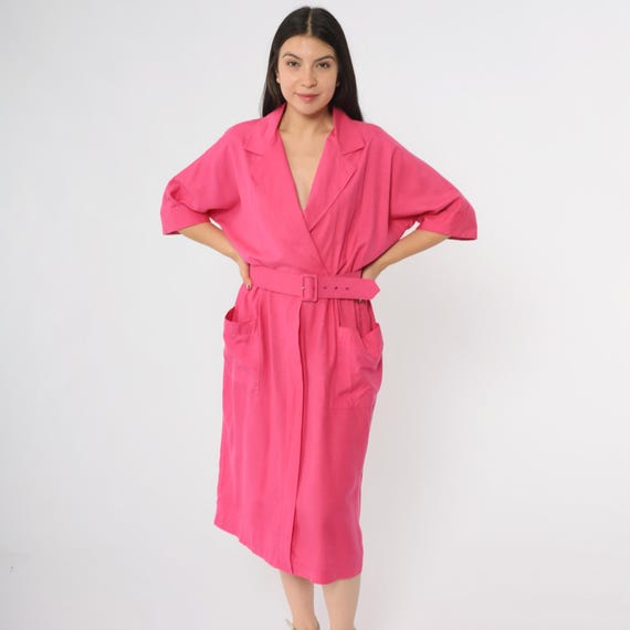 Hot Pink Dress 80s Wrap Style Blazer Collar Belt Pockets Long Sleeve Vintage Power Shoulder Silk Working Girl Career Medium M