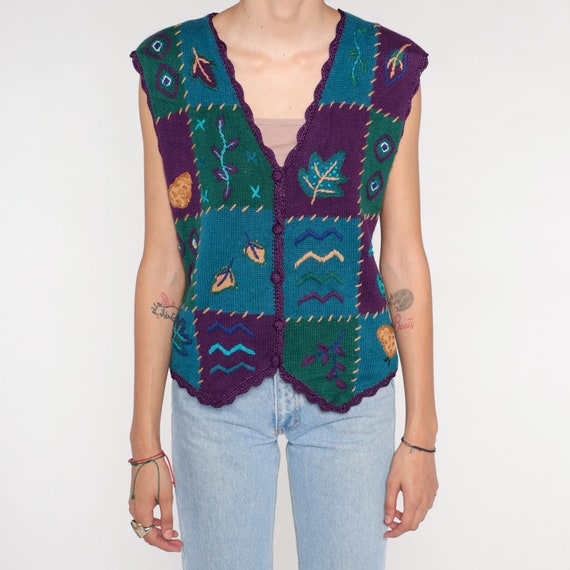 90s Sweater Vest Patchwork Leaf Print Button up K… - image 8