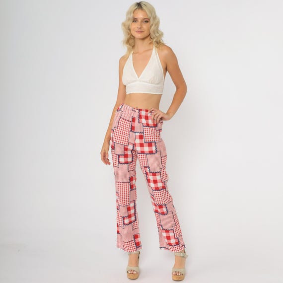 70s Patchwork Pants Red Gingham Check Vintage Hig… - image 2