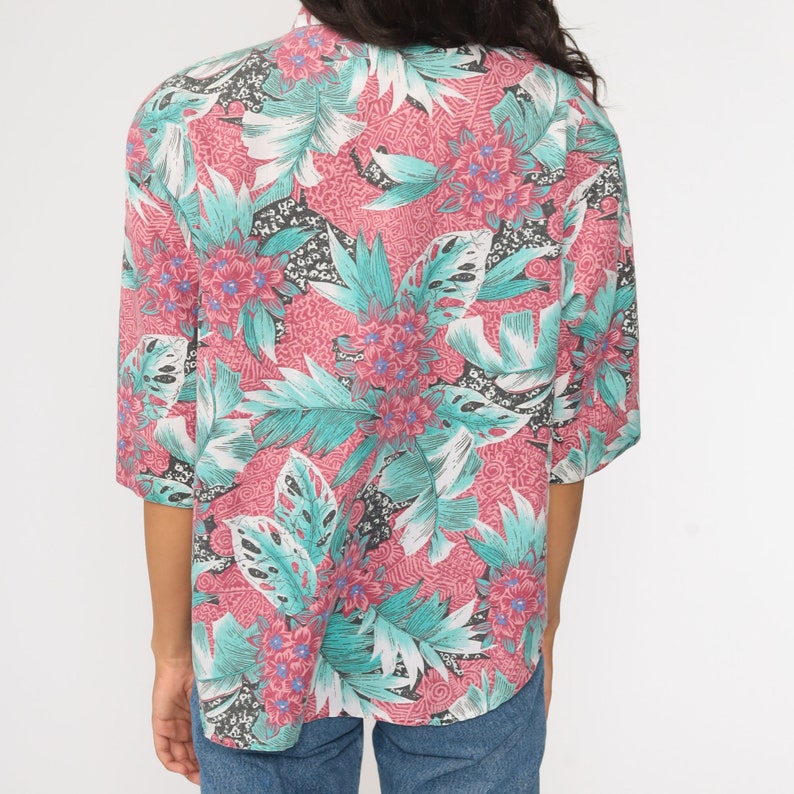 Tropical Floral Shirt Green Pink Hawaiian Blouse Button Up 80s Vintage Surfer Vacation Short Sleeve Leaf Print Retro Top 90s Medium Large image 6