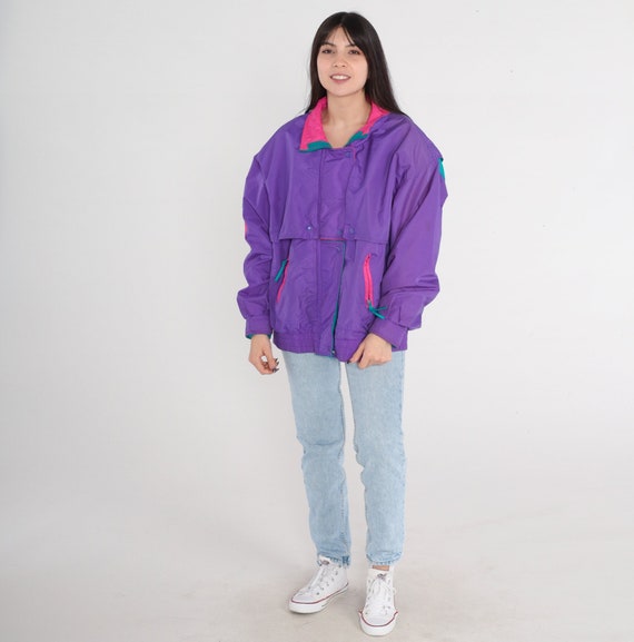 Purple Puffer Jacket 90s Ski Jacket Zip Snap Up Bomber Puffy Coat Winter Jacket Puff Green Pink Retro Skiwear Nylon Vintage 1990s Large L