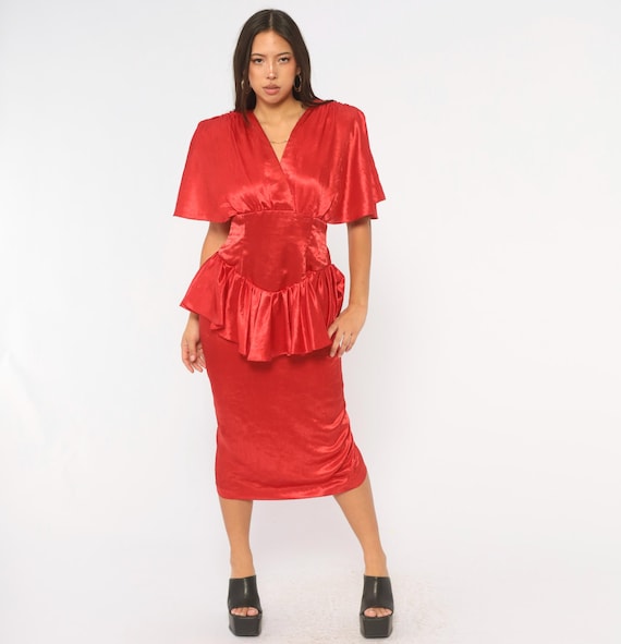 90s Red Satin Ruffle Peplum Dress Zum Zum Deep V Neck Flutter Sleeve Fitted Waist Open Back Wine Cocktail Party Evening Vintage Medium M