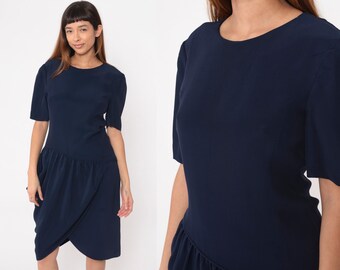 90s Tulip Skirt Dress Navy Blue Pocket Asymmetrical Drop Waist Midi Dress Vintage Draped Gathered Short Sleeve 1990s Simple Plain Medium 8