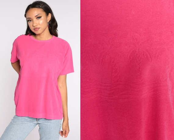 Pink Terry Cloth Shirt 90s Palm Tree Shirt Terrycloth Top Retro Tee Top Vintage 1990s Medium
