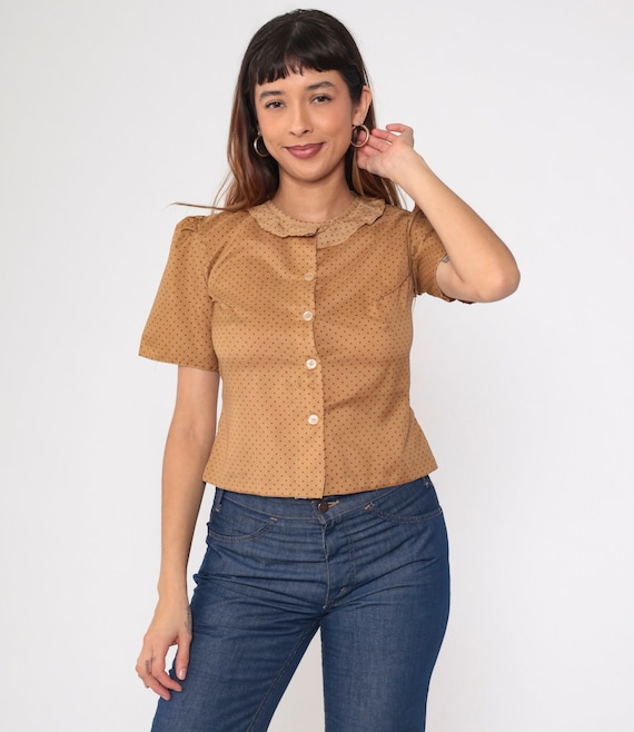 Polka Dot Blouse 80s Button up Shirt Ruffle Collared Short Puff Sleeve Top Ruffle Retro Preppy Secretary Light Brown Vintage 1980s Small S