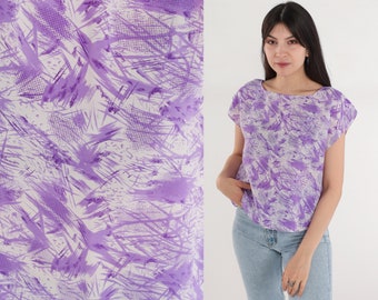 Abstract Print Top 70s Psychedelic Shirt Purple Cream Hippie Blouse Statement Pattern Summer Mod Retro Cap Sleeve Vintage 1970s Medium M