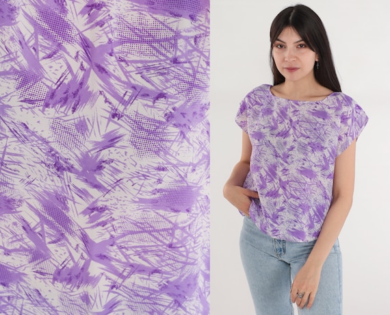 Abstract Print Top 70s Psychedelic Shirt Purple C… - image 1