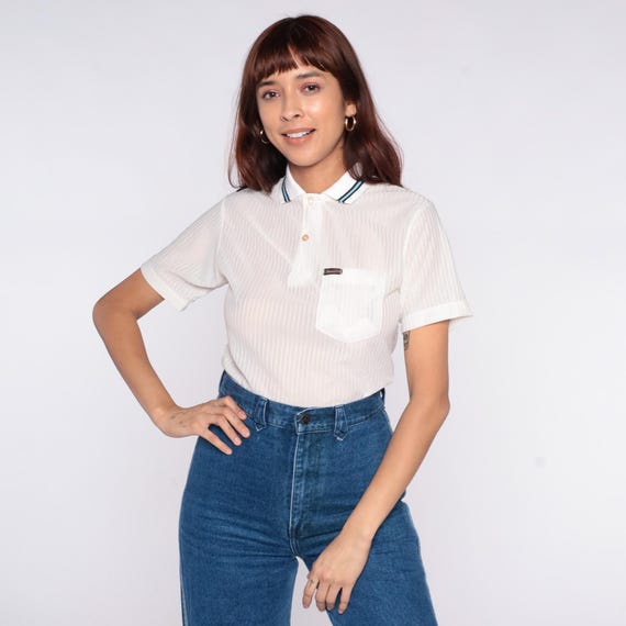 White Sheer Polo 90s Ribbed Shirt Striped Collar Trim Short Sleeve Button Front Preppy Tennis Golf Sporty Vintage Cream Ivory Small S