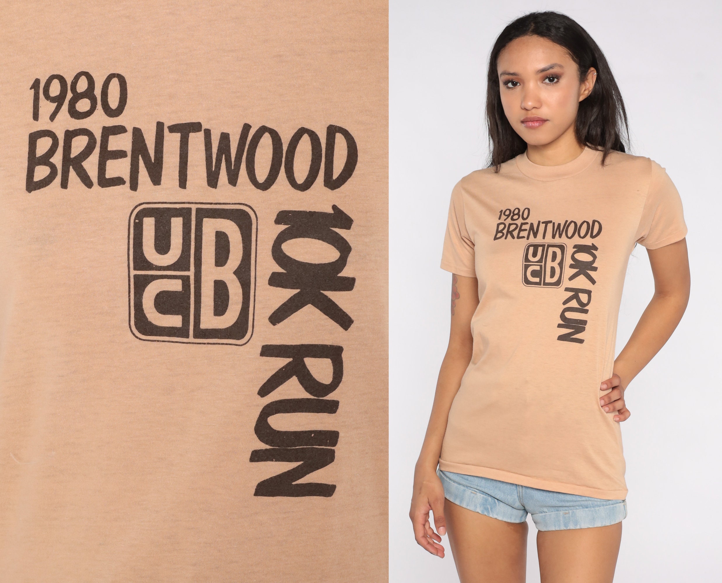 80s Running Shirt 1980 Brentwood 10K Run Single Stitch Graphic Tee 80s  Retro T Shirt Vintage Sports Tshirt Tan Brown Extra Small Xs 