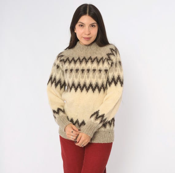 80s Fair Isle Wool Sweater Grey Brown Zigzag Knit Pullover Long Sleeve Nordic Icelandic Chunky Geometric Grandpa Jumper Cottagecore Small S