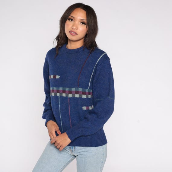 80s Abstract Wool Blend Sweater Navy Blue Graphic Line Pattern Crew Neck Pullover Winter Layering Ski Cabin Wear Fall Autumn Preppy Medium M