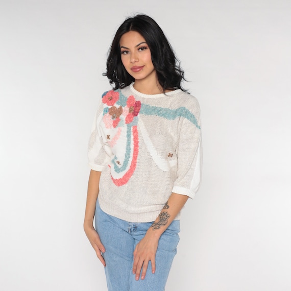 Beaded Floral Sweater Top 80s 90s White Beige Short Sleeve Knit Top Beaded Slouchy Blouse 1990s Vintage Retro Slouch Koret Small
