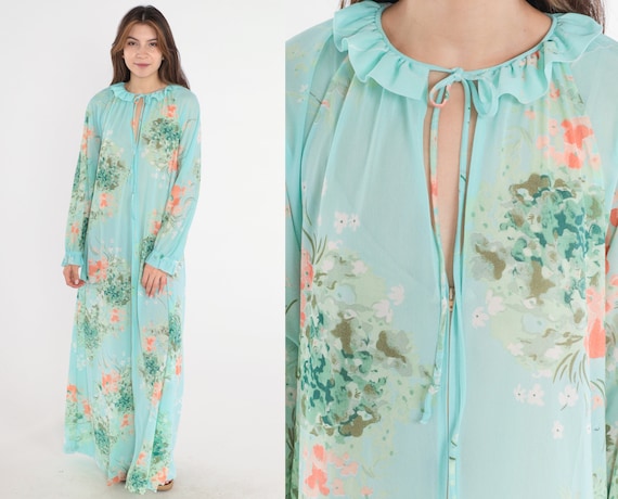 70s Floral Robe Hippie Maxi Loungewear Caftan Dress Blue Ruffled Boho Front Zip Bohemian Vintage Lounge Wear Keyhole Retro Medium