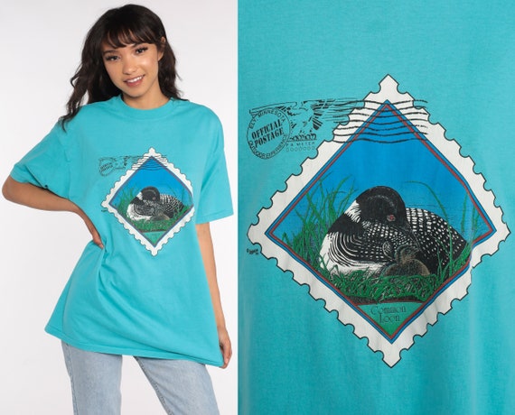 Common Loon Tshirt Bird Shirt 80s Animal TShirt Vintage Postage Stamp T Shirt Graphic Tee Screen Print 1980s Large xl l