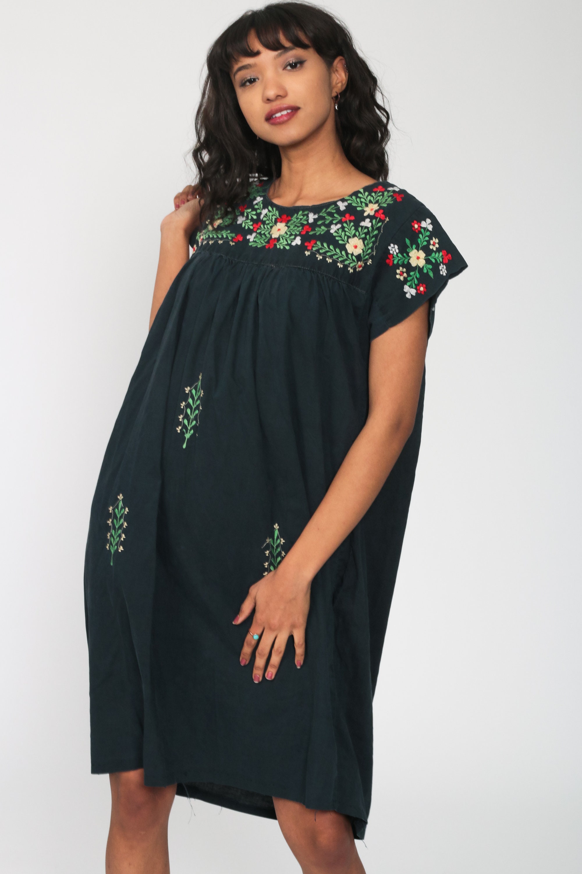 Black Mexican Dress Midi Embroidered Boho Cotton Tunic Hippie Floral Ethnic Bohemian Vintage 