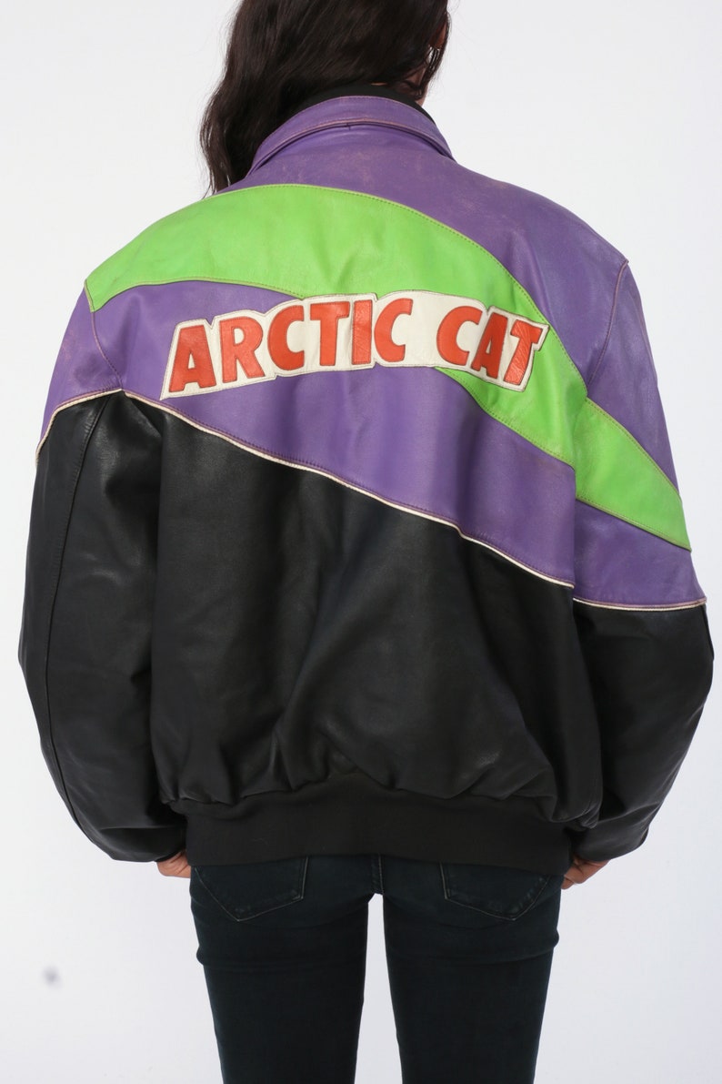 Leather Arctic Cat Jacket Neon Racing Jacket Moto Zip Up Jacket Motorcycle Jacket Black 90s Striped Retro Vintage Black Purple Green Large