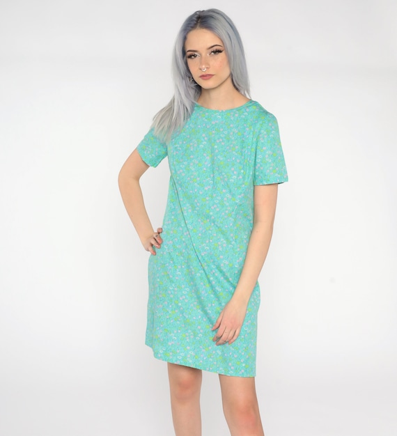 60s Floral Dress Green Blue Mod Dress Mini Dress Hippie Dress 70s Shift Boho Twiggy Vintage Short Sleeve 1960s Bohemian Small S