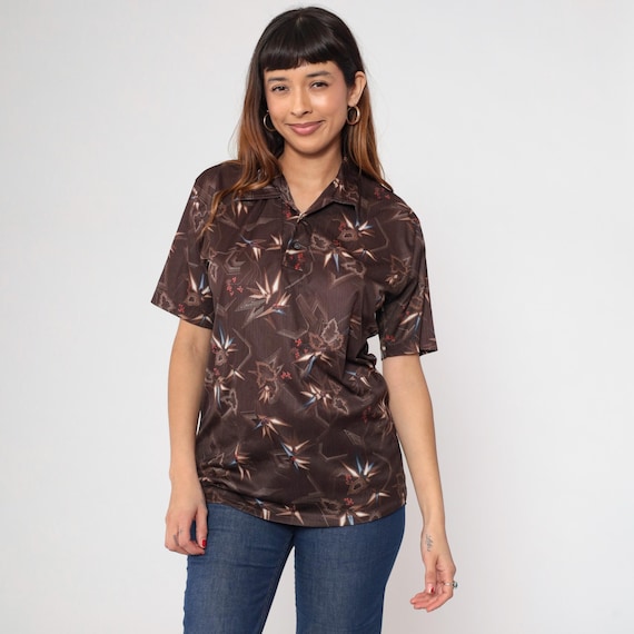 70s Brown Button Up Shirt Vintage Geometric Print Abstract Floral Short Sleeve Hippie Disco Dagger Collar Retro Groovy 1970s Men's Medium M
