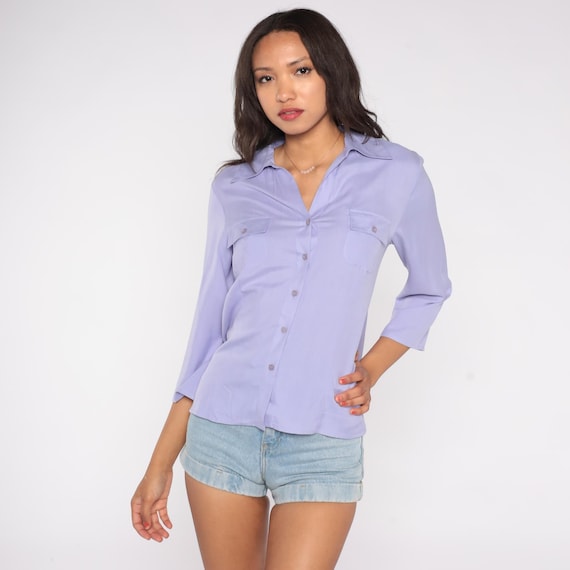 90s Lavender Silk Button Down Shirt Purple Long Sleeve Chest Pockets Work Blouse Office Wear Corporate  Vintage Pastel Lilac Medium M