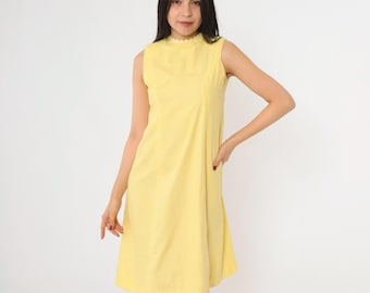 Vintage Yellow Gingham Dress 60s Sleeveless Fit and Flare Ric Rac Trim High Neck 1960s Picnic Mod Sundress A-Line Midi Extra Small xs