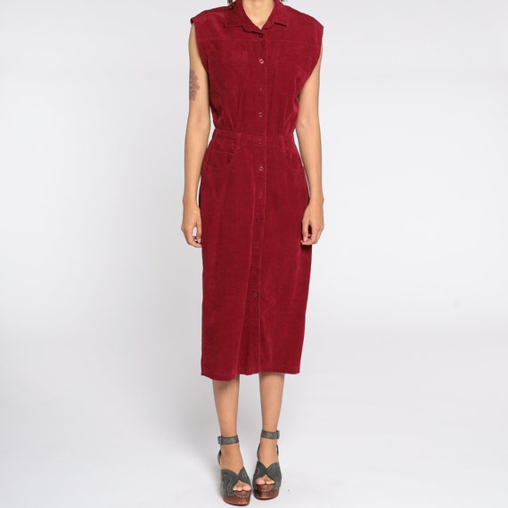 Burgundy CORDUROY Dress 80s Midi Button Up Dress … - image 7