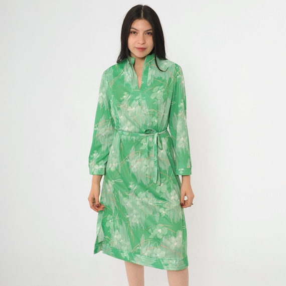 70s Abstract Floral Dress Green Midi Boho Long Sleeve Vintage Mandarin Collar Side Slit Shift Belted 1970s Bohemian Dress Large 12