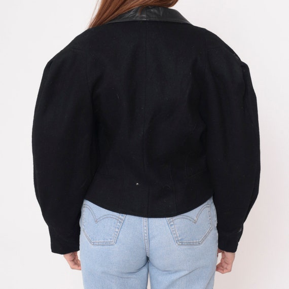 Black Wool Blazer Jacket 80s 90s Leather Collar J… - image 7