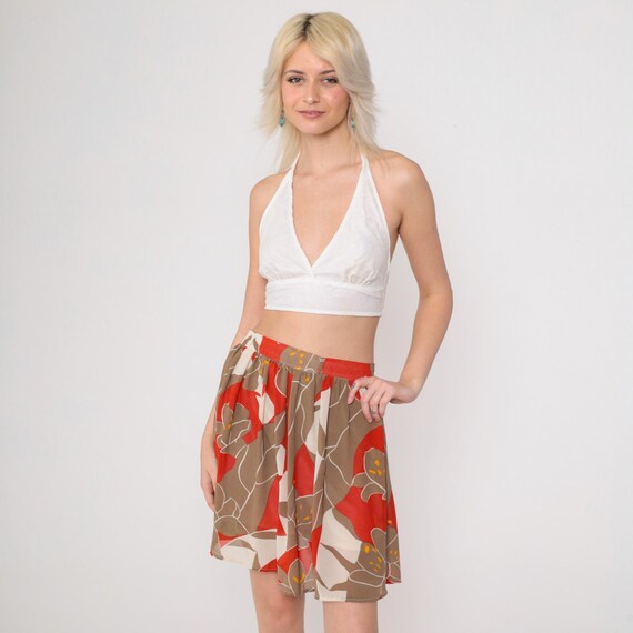 70s Floral Mini Skirt Brown Red High Waisted Hippie Boho Skirt Retro Bohemian Skirt Vintage Campus Casuals Semi-Sheer Full Skirt Small