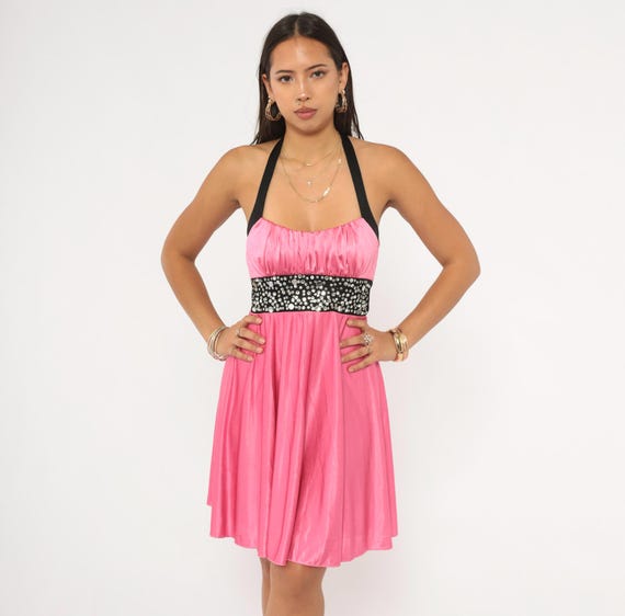 Y2K Pink Party Mini Dress Rhinestone Halter 2000s Speechless Satin Babydoll Black Clubbing Going Out Fuchsia Y2K Pop Princess Small S