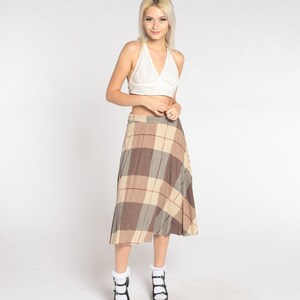 Plaid Midi Skirt 70s Wool Blend School Girl Skirt Tan Checkered Tartan High Waisted Preppy Uniform Brown Retro Vintage 1970s Small S 27 image 5