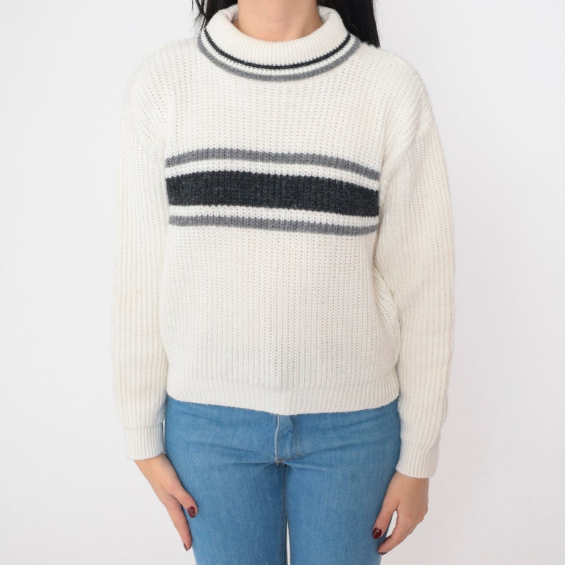 Striped Turtleneck Sweater 80s Off-White Black Grey Pullover Knit Sweater Retro Seventies Knitwear Acrylic Vintage 1980s White Stag Small image 7