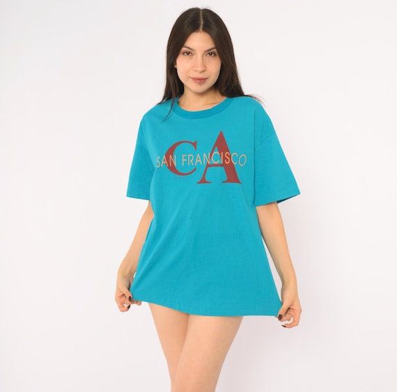 90s San Francisco Graphic Tee Teal Blue Cotton T Shirt California Souvenir Boxy Nautical Sleeve Burgundy Hanes Travel Top Vintage Large L