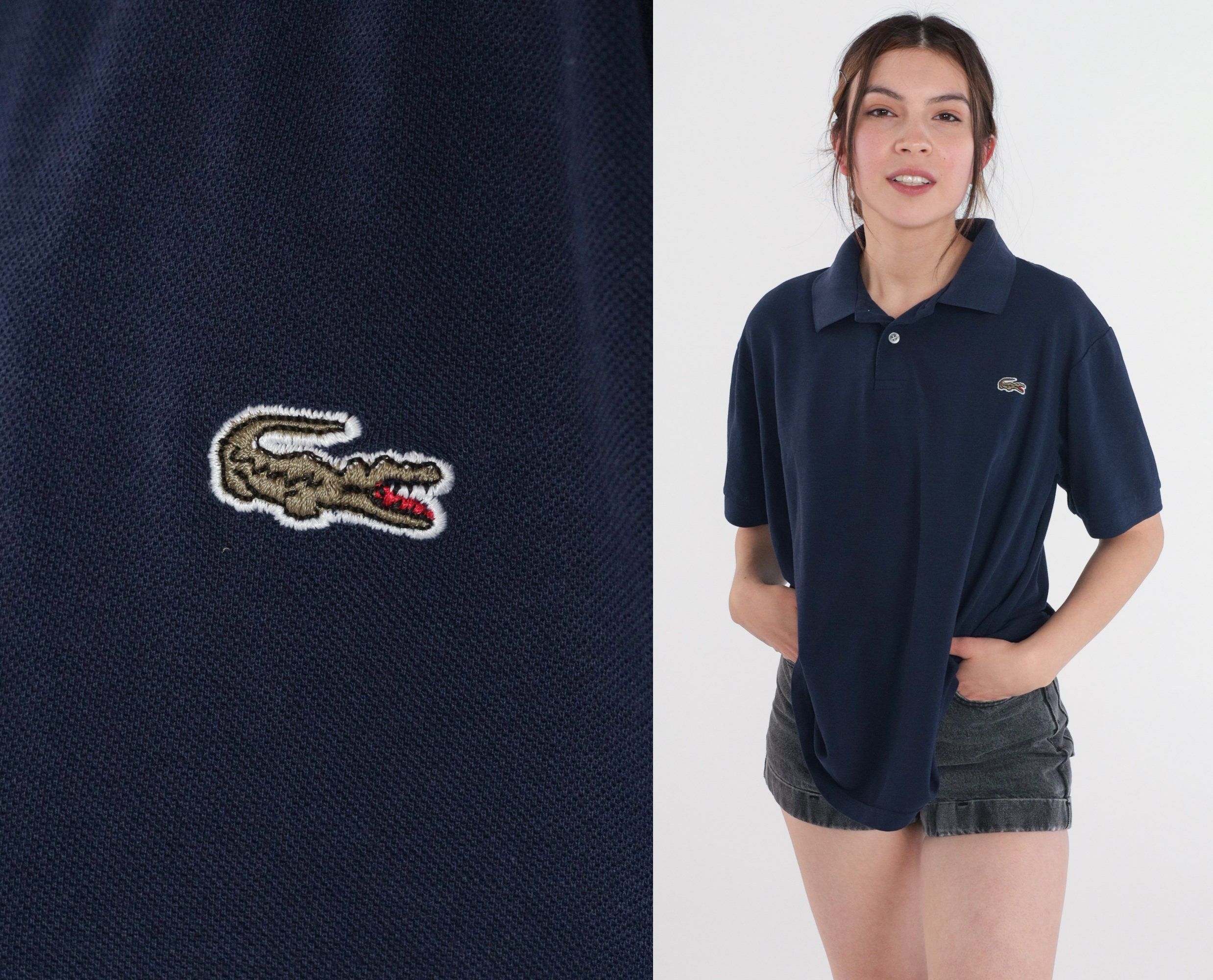 Navy Lacoste Polo Y2K Izod Collared Crocodile Short Sleeve Top Plain Preppy Button Up T-shirt Vintage 00s Extra Large xl