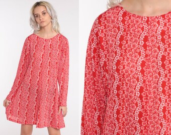 Floral Shift Dress 70s Red Floral Print Hippie Mod Mini Dress Vintage 1970s Gogo Twiggy Dress Minidress Long Sleeve Small Medium