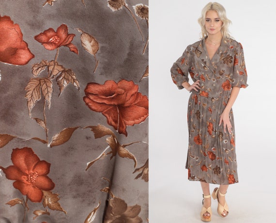 Grey Floral Dress 80s Midi Dress Double Breasted Button up Puff Sleeve High Waisted Secretary Dress Pleated  Vintage 1980s extra large xl