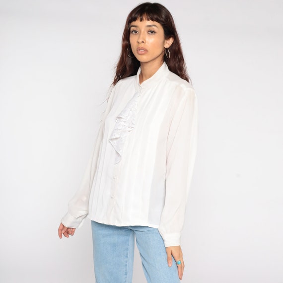 White Tuxedo Blouse 80s Boho Lace Top White Ruffle Shirt Button Up Vintage Bohemian 1980s Long Sleeve Pleated Medium