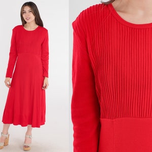 Plain Red Dress 80s Midi Bright Day Dress Pleated High Waisted Secretary 1980s Vintage Long Sleeve Plain Basic Casual Medium image 1