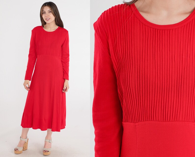 Plain Red Dress 80s Midi Bright Day Dress Pleated High Waisted Secretary 1980s Vintage Long Sleeve Plain Basic Casual Medium image 1