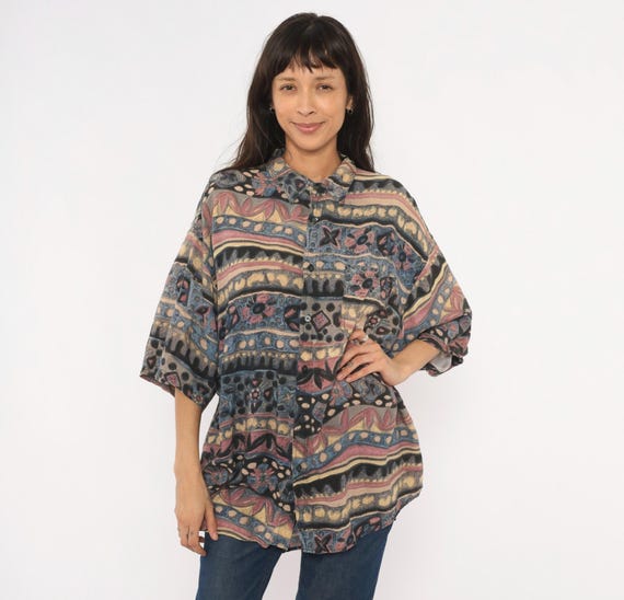 90s Abstract Tribal Shirt Rayon Boxy Relaxed Fit Short Sleeve Purple Blue Mauve Cream Geometric Patterned Funky Unisex Vintage Top Large L