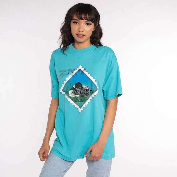 Common Loon Tshirt Bird Shirt 80s Animal TShirt Vintage Postage Stamp T Shirt Graphic Tee Screen Print 1980s Large xl l
