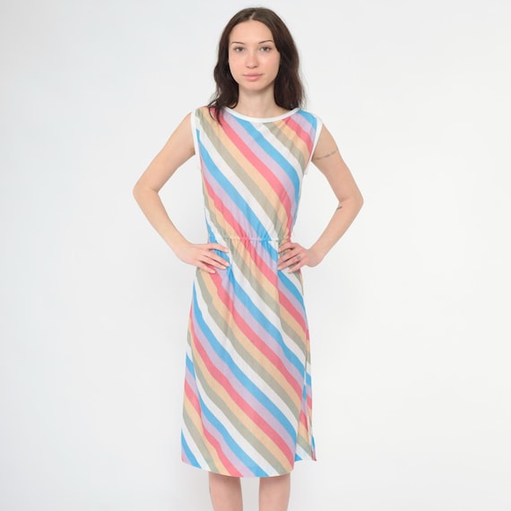 Vintage Striped Midi Dress 80s Muted Day Dress Cap Sleeve Boat Neck High Waisted White Multicolor Retro Knee Length 1980s Extra Small xs