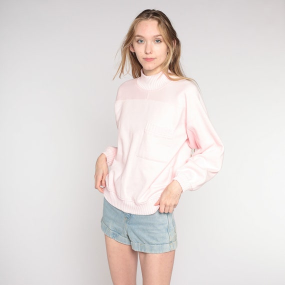 Vintage Baby Pink Sweatshirt 80s Sweatshirt Mock Neck Shirt Plain Long Sleeve Shirt Slouchy Pocket 1980s Sweat Shirt Small S