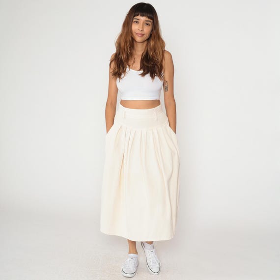 90s Corduroy Skirt Cream Off White High Waisted A Line Circle Cotton Knee Length Cottagecore Academia Minimalist Prairie Vintage Large L